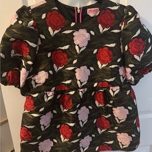 Kate Spade Floral Puff Sleeve Peplum Top - Red and Pink